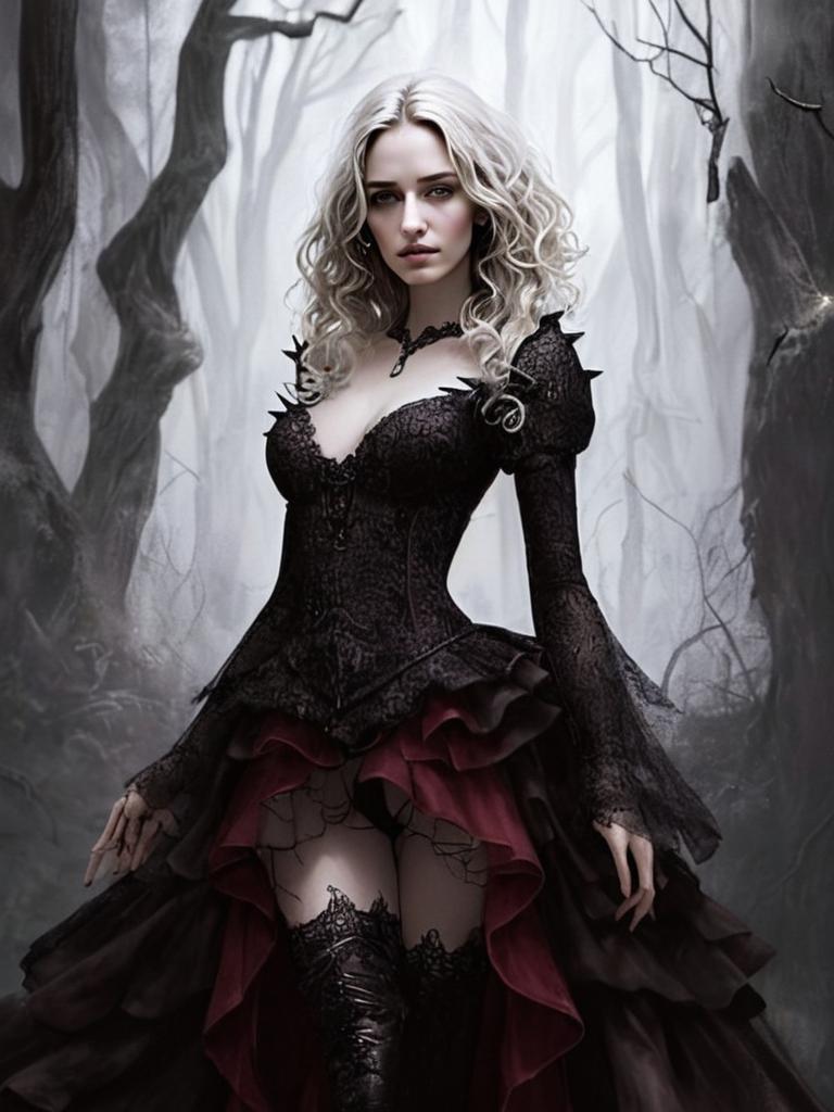Confident Woman in Gothic Dress in Foggy Forest Confident Woman in Gothic Dress in Foggy Forest
