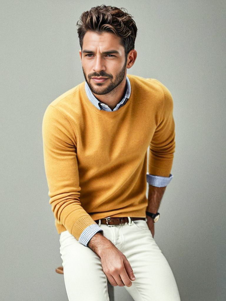 Man in Yellow Sweater and Blue Shirt