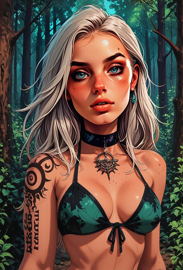 Digital Art of Woman with Silver Hair and Tribal Tattoo in Forest