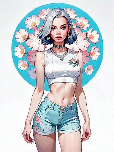 Realistic Comic Style Portrait of Trendy Woman in Crop Top and Denim Shorts with Floral Background