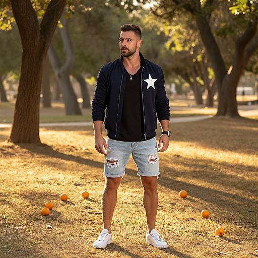 Man Wearing Navy Star Jacket and Ripped Denim Shorts in Sunlit Park with Oranges