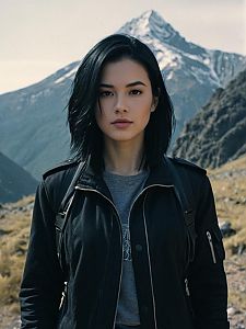 Young Woman in Black Jacket Outdoors with Mountain Background