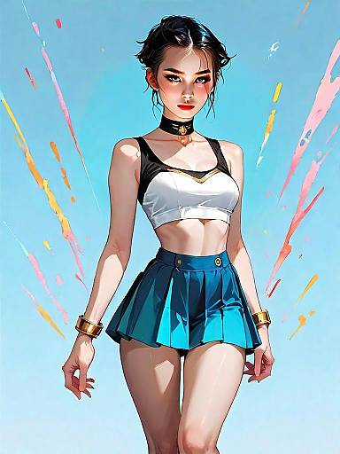 Realistic Comic Style Full Body Portrait of Trendy Woman in Crop Top and Blue Skirt