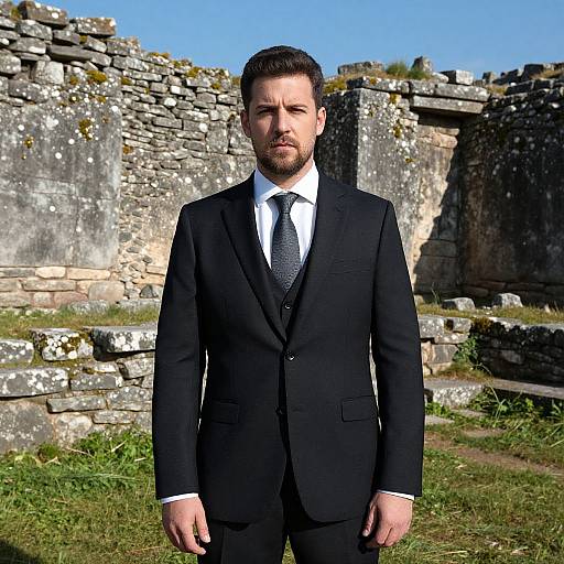 Man in Black Suit Standing by Ancient Stone Ruins