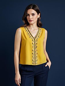 Woman Wearing Mustard Yellow Embroidered Top with Navy Pants Fashion Portrait