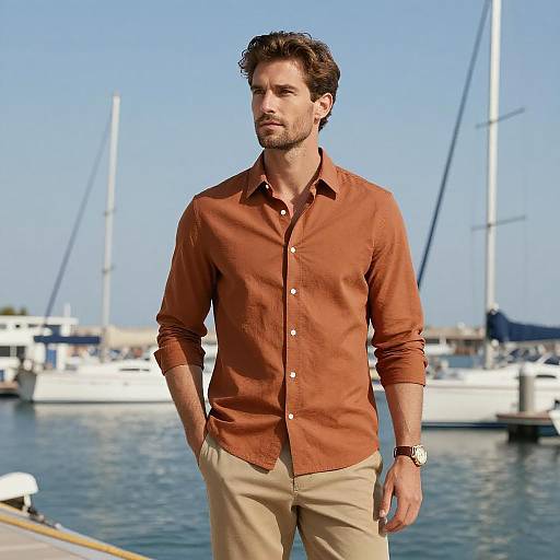 Stylish Man in Rust Shirt by Marina with Yachts