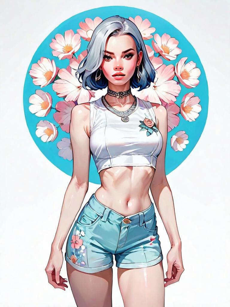 Realistic Comic Style Portrait of Trendy Woman in Crop Top and Denim Shorts with Floral Background