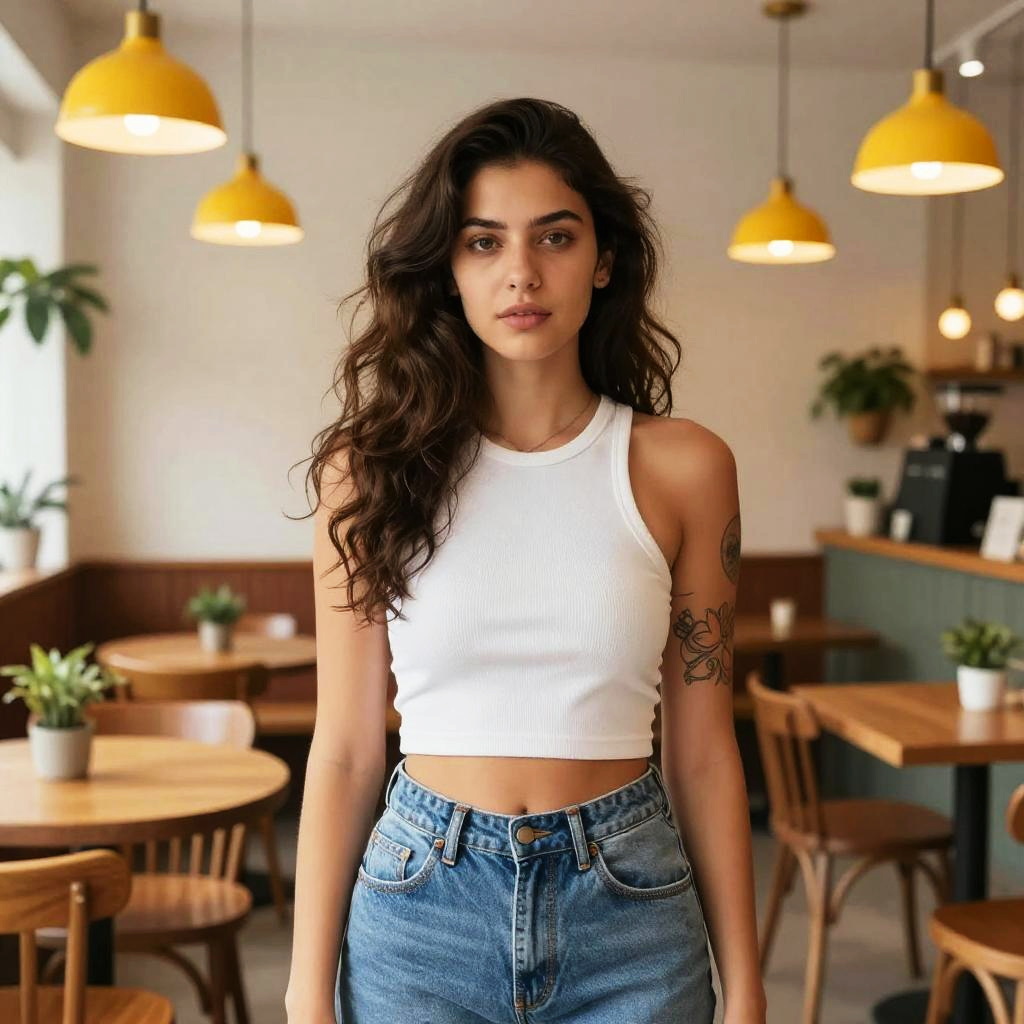 Confident Gen Z Woman in White Crop Top and Jeans in Modern Cafe