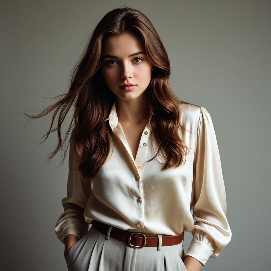 Elegant Woman in Silk Blouse and High-Waisted Trousers Portrait