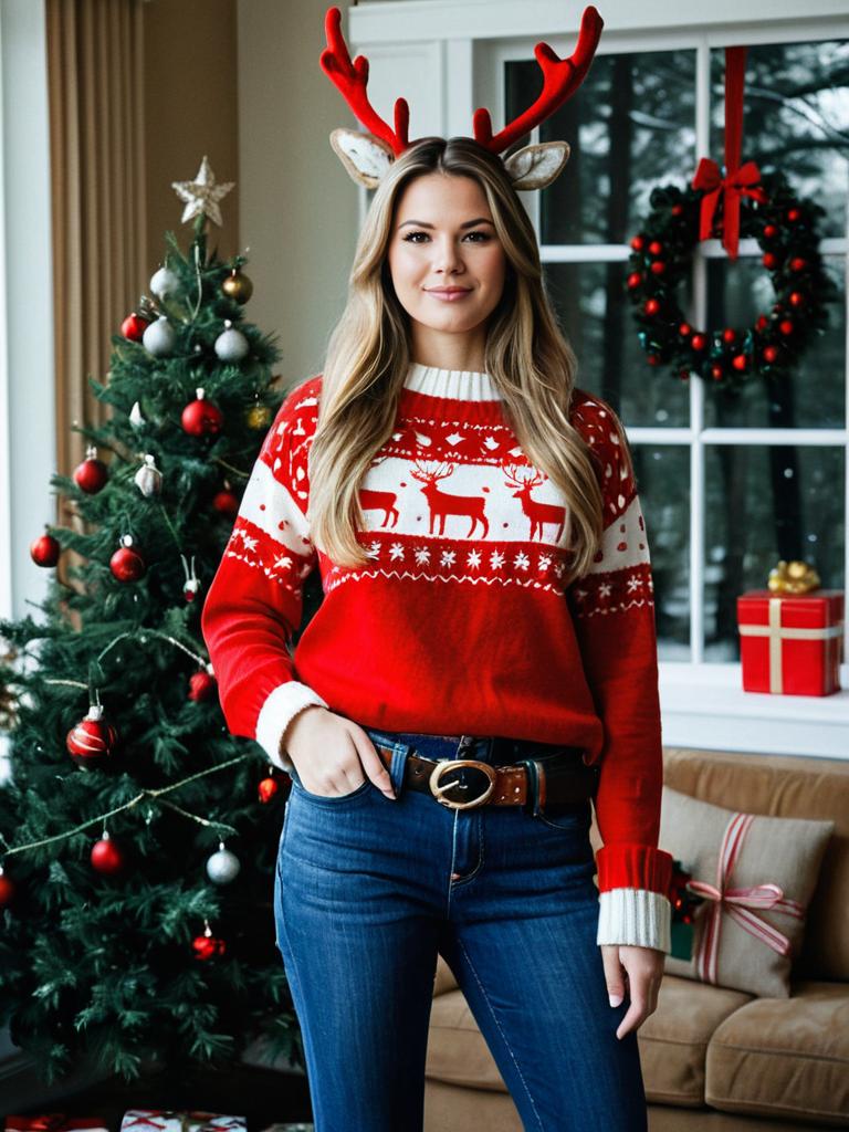 Woman Wearing Reindeer Christmas Sweater with Antler Headband by Christmas Tree