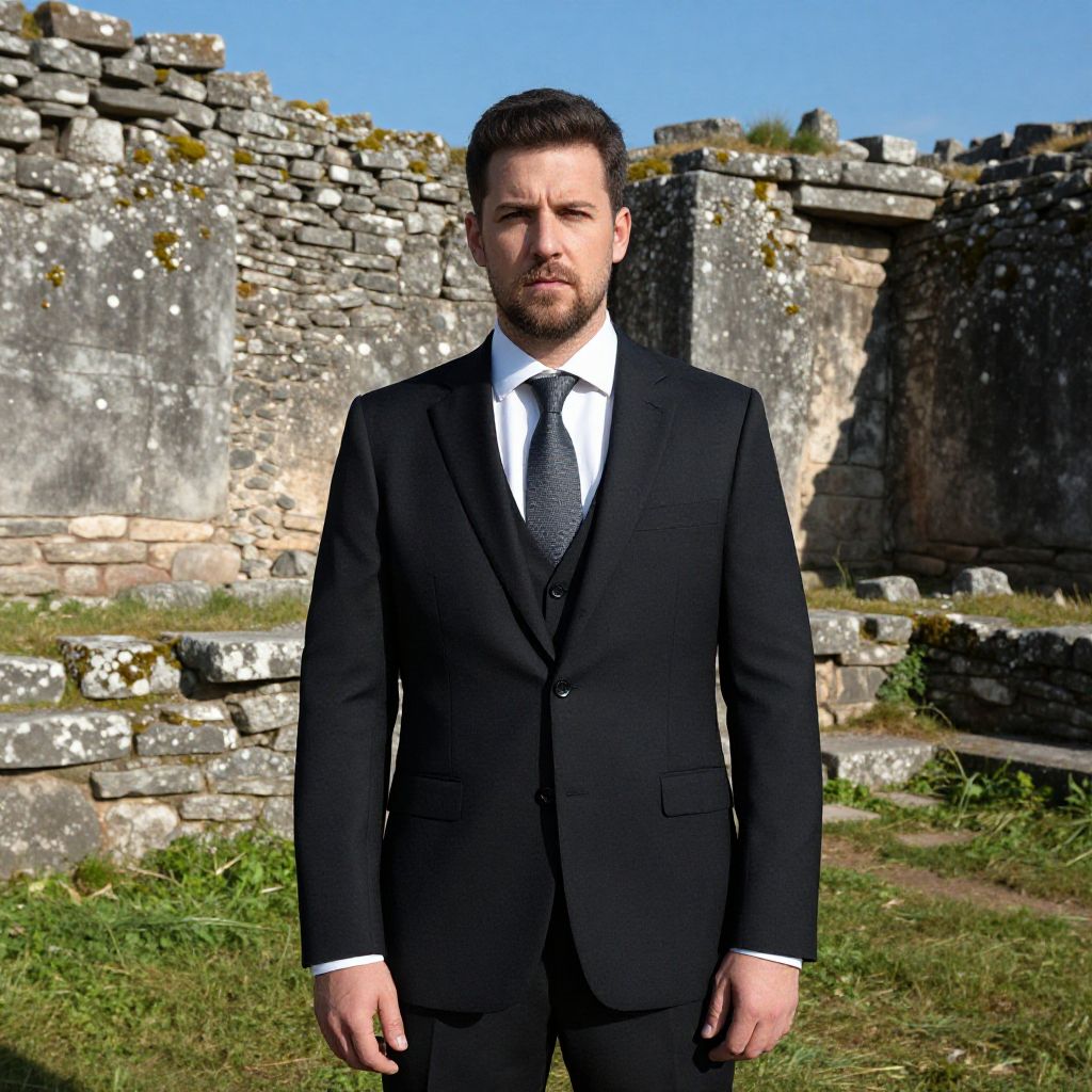 Man in Black Suit Standing by Ancient Stone Ruins