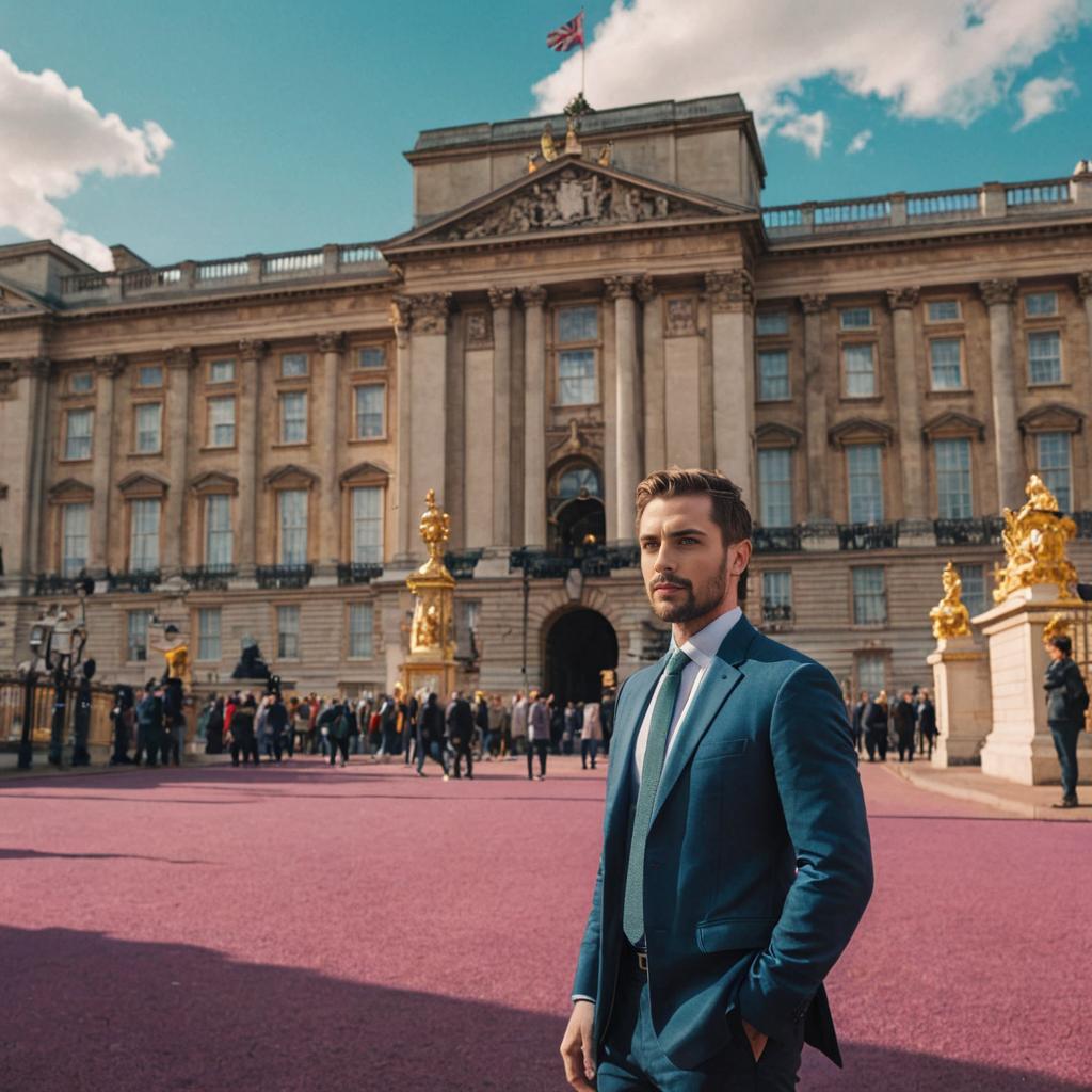 Confident Man in Blue Suit at Historic Landmark