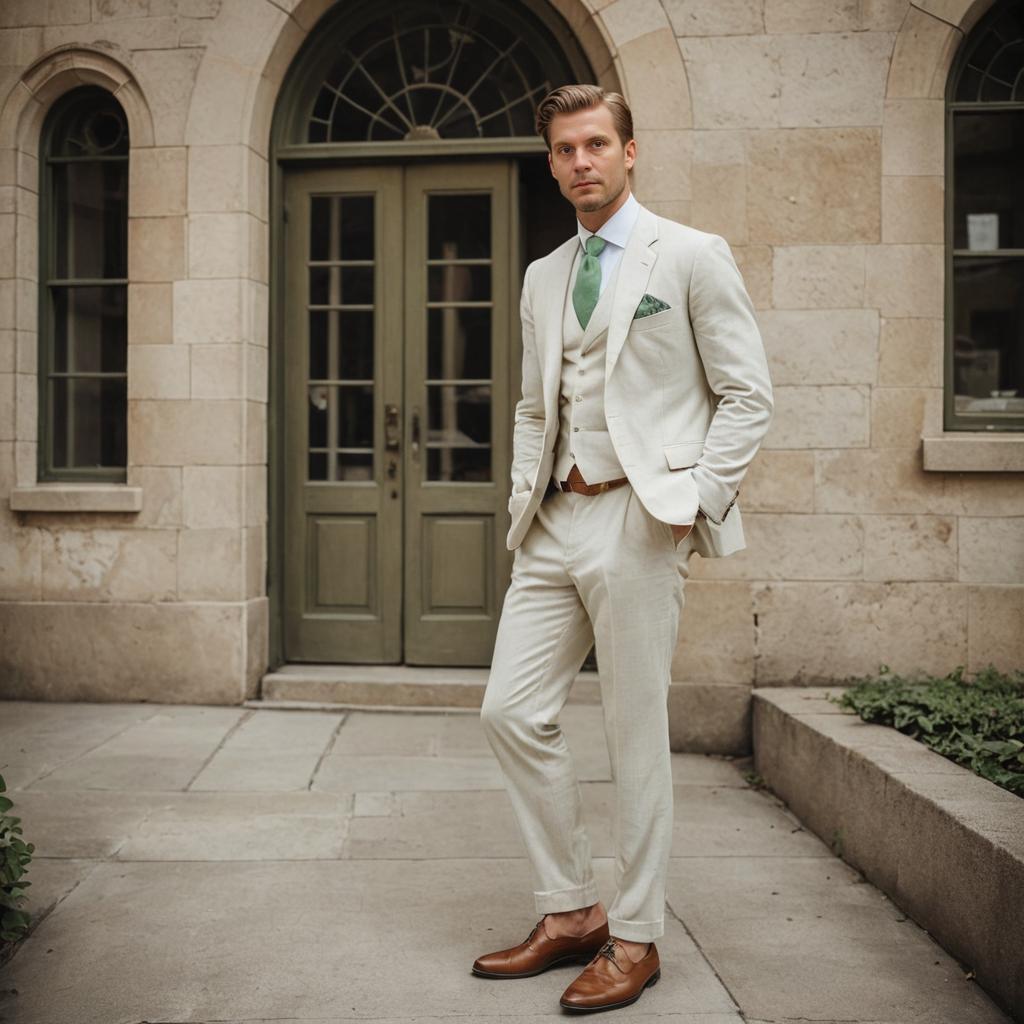 Stylish Man in Beige Suit at Elegant Doorway