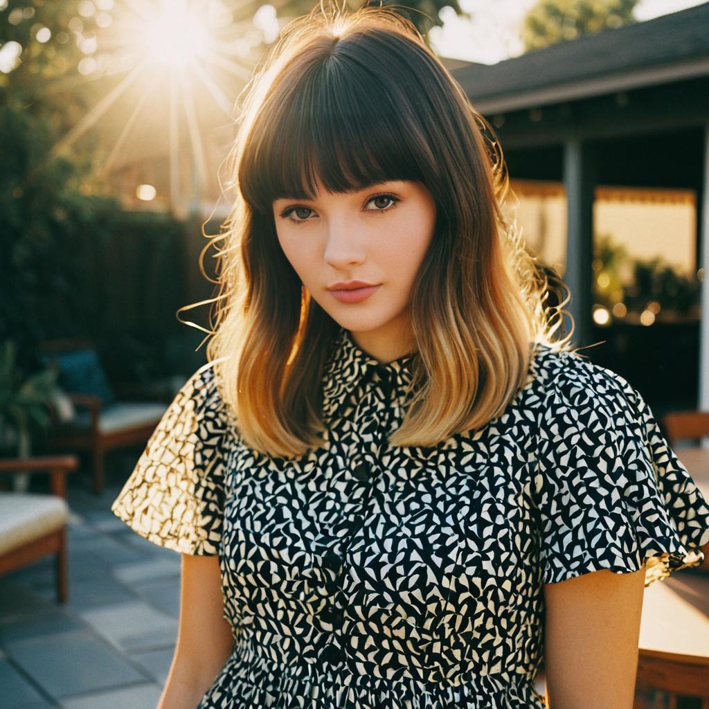 Portrait of Woman with Ombre Hair in Patterned Dress at Golden Hour