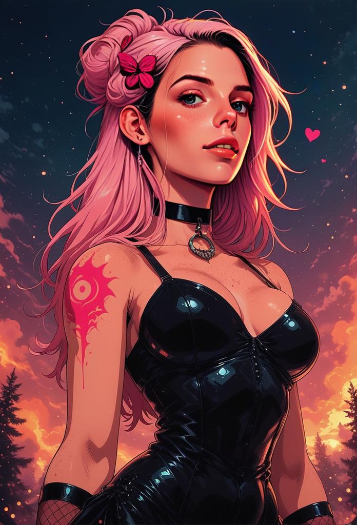 Digital Art of Woman with Pink Hair in Black Leather Corset at Twilight