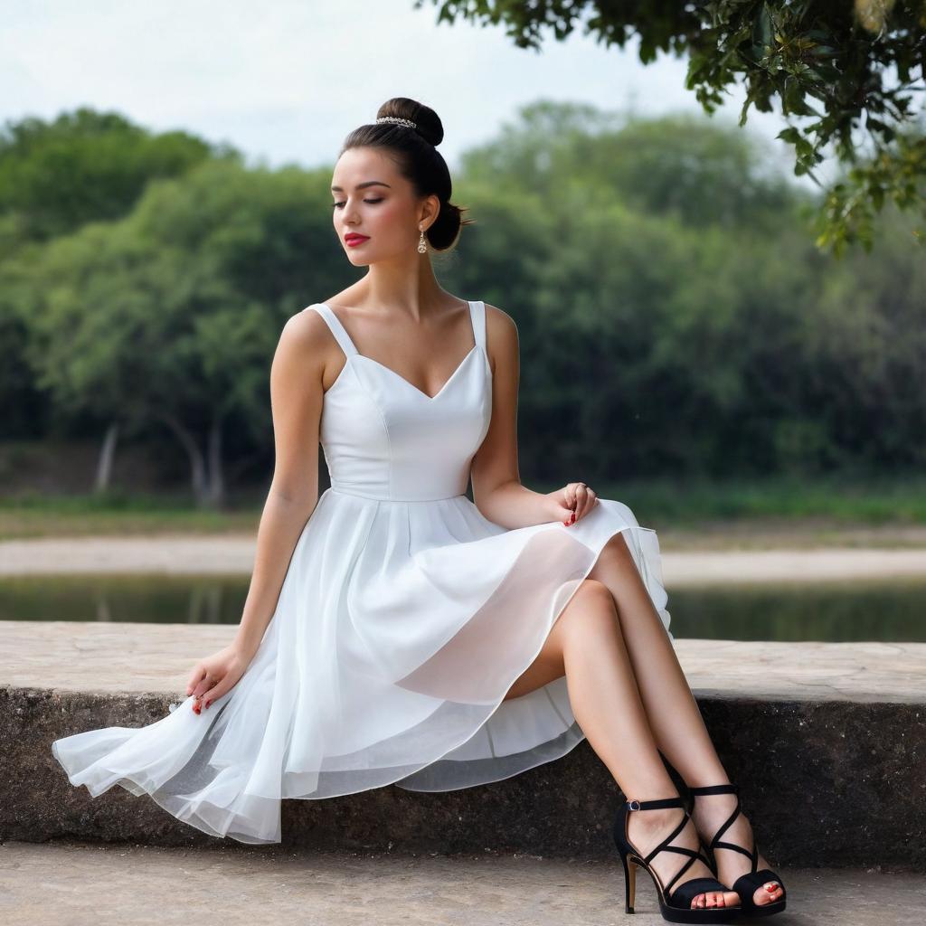 Elegant Woman in White Dress Sitting Outdoors by Water