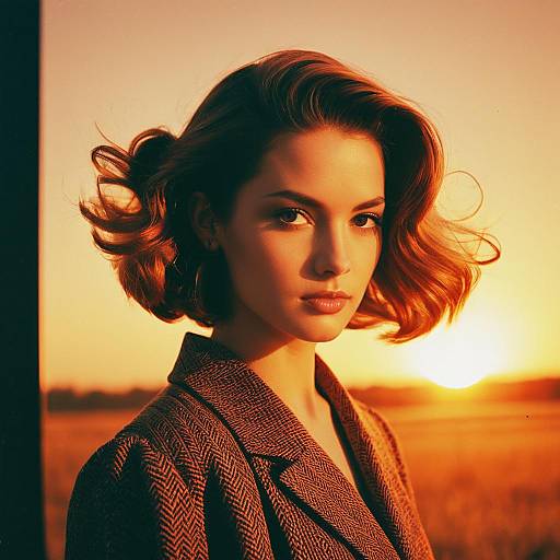 Elegant Woman Portrait at Sunset in Vintage Herringbone Coat