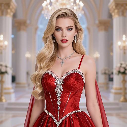 Elegant Woman in Red Crystal-Embellished Satin Gown in Grand Hall