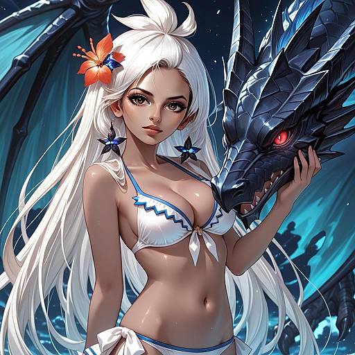 Anime Fantasy Woman with White Hair and Black Dragon in Bikini