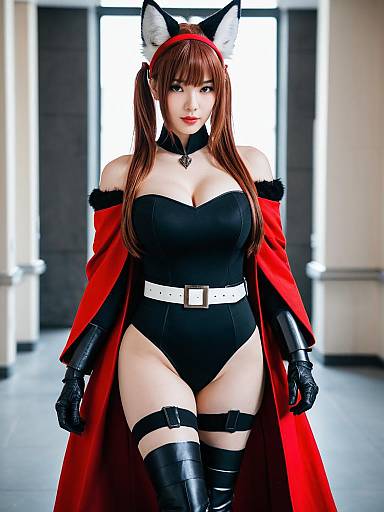Angelina Distinguished Visitor Arknights Cosplay Woman in Red Cape and Black Bodysuit