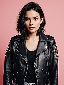 Young Woman in Black Cut-Out Sleeve Leather Jacket on Pink Background