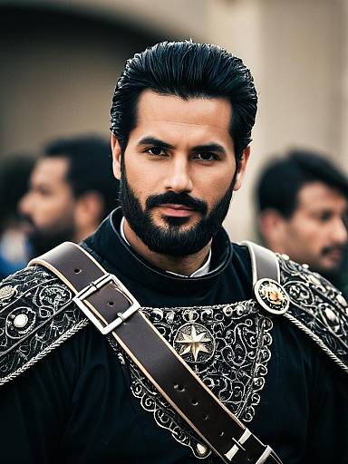 Man in Detailed Fezzik Costume with Embroidered Armor and Beard