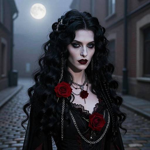 Gothic Woman with Red Roses and Chains on Moonlit Street