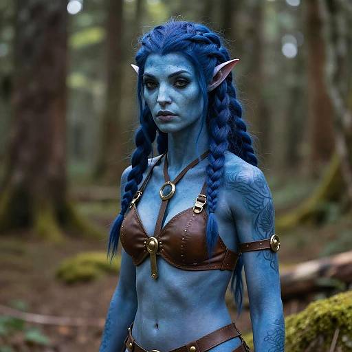 Blue Elf Woman Fantasy Cosplay in Forest with Braided Hair and Leather Costume