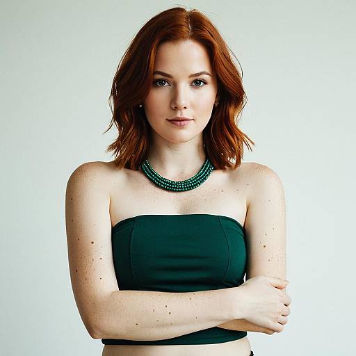 Confident Redhead Woman in Green Strapless Top Wearing Beaded Necklace