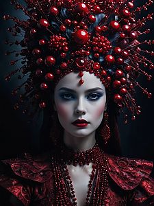 Regal Woman in Dark Red Headdress and Jewelry