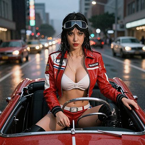 Woman in Retro Racing Outfit Driving Classic Red Convertible in Rainy City