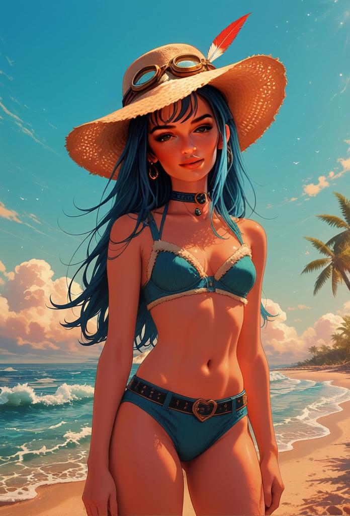 Stylish Blue-Haired Woman in Bikini and Straw Hat on Tropical Beach Artwork