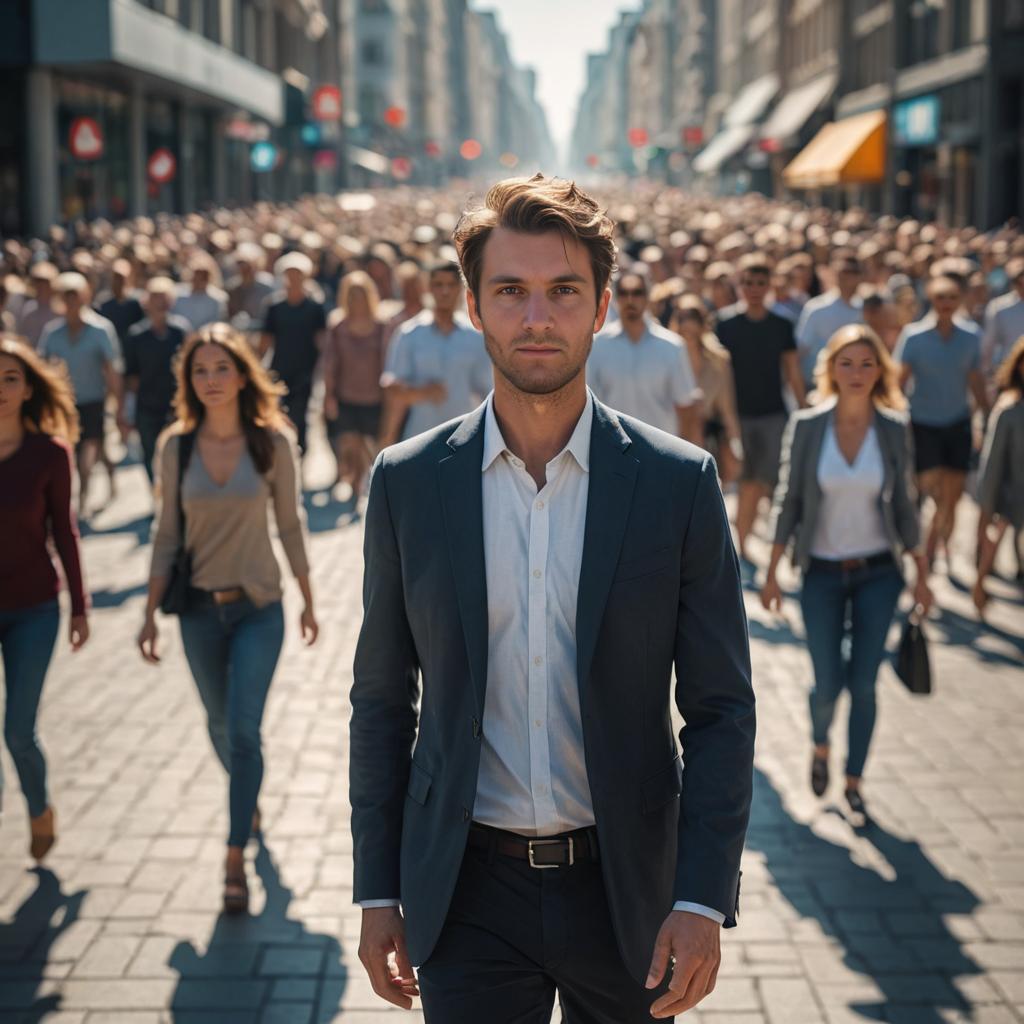 Confident man walking in city crowd