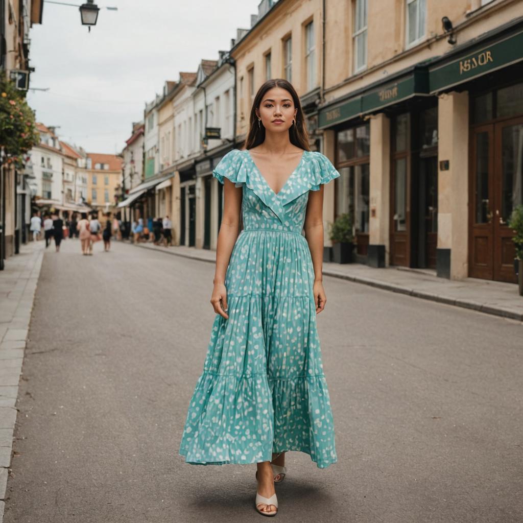 Woman in Elegant Dress Walking on Quaint Urban Street