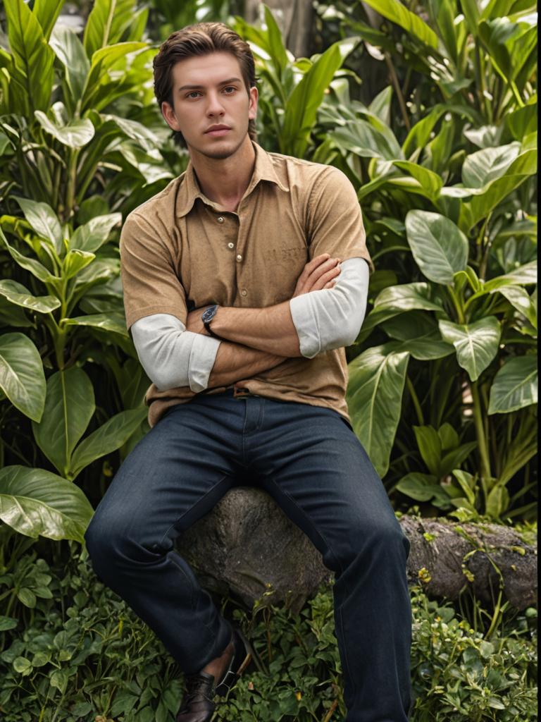 Man in Brown Shirt Surrounded by Green Foliage