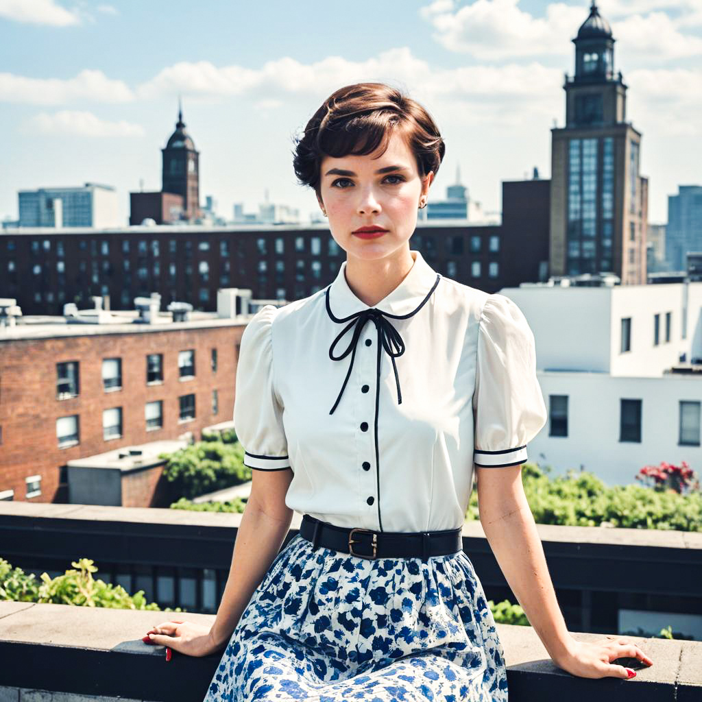 Stylish Woman in Vintage Outfit on Rooftop