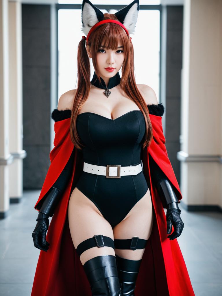Angelina Distinguished Visitor Arknights Cosplay Woman in Red Cape and Black Bodysuit