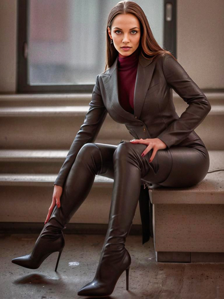 Confident Woman in Brown Leather Suit