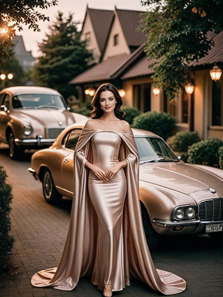 Elegant Woman in Shimmering Gown on Vintage Street