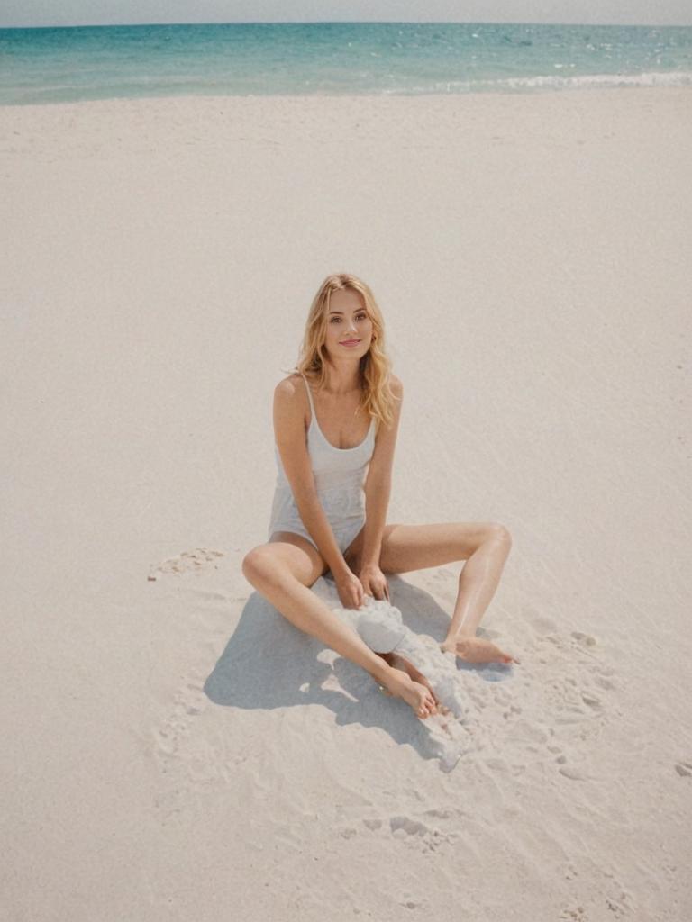 Serene Woman on White Sand Dunes - Polaroid Style