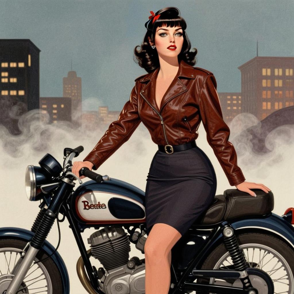 Retro Pin-Up Woman on Classic Benlie Motorcycle in Urban Night Scene