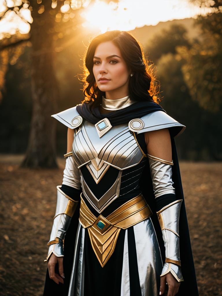 Prospera Mercury Cosplay Woman in Detailed Armor Costume Outdoors
