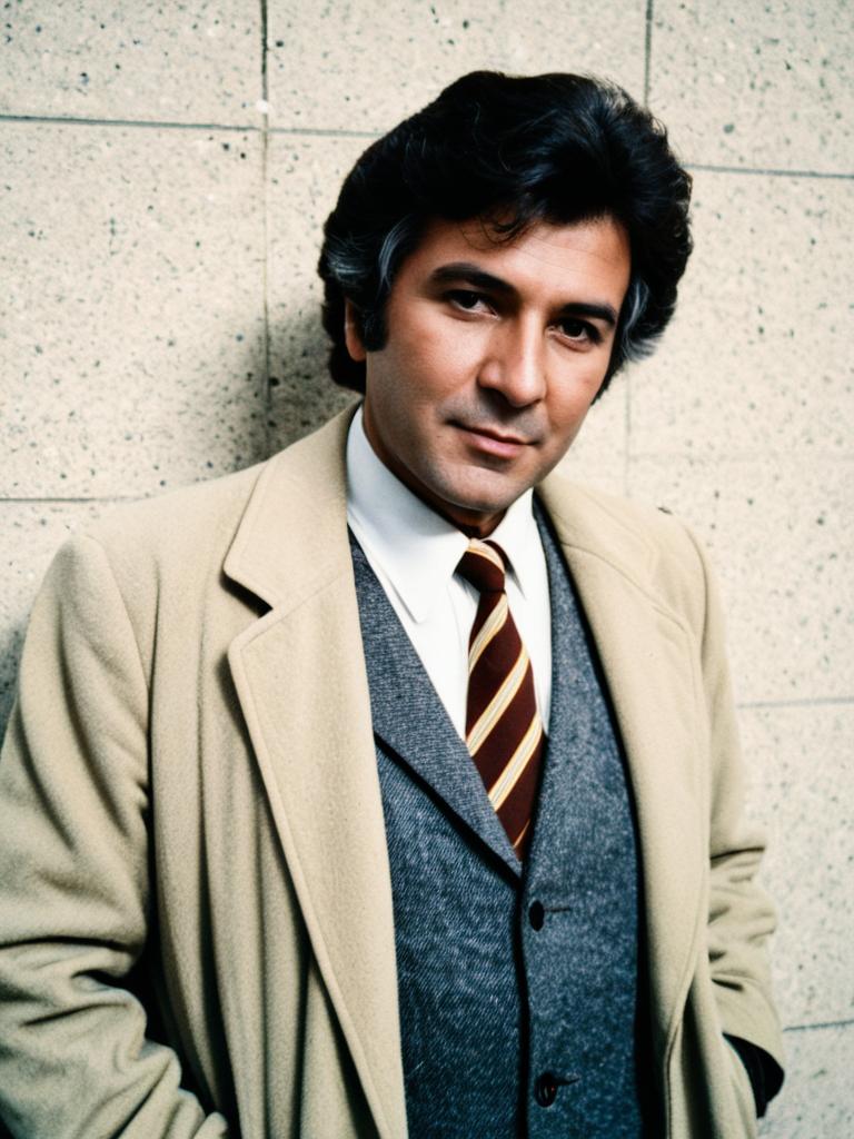 Man in Realistic Columbo Character Costume with Beige Trench Coat