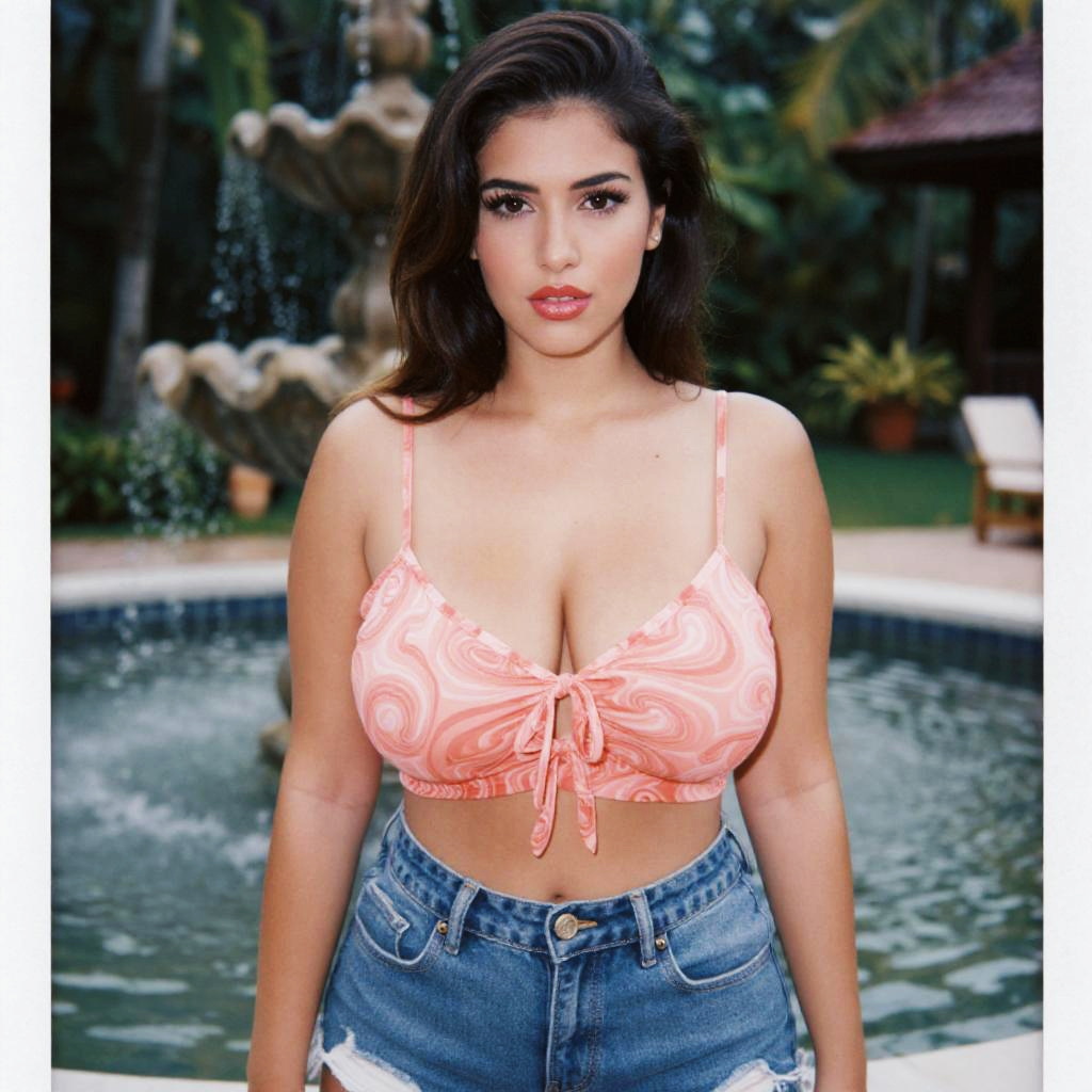 Voluptuous Woman in Coral Pink Swirled Crop Top with Denim Shorts by Fountain