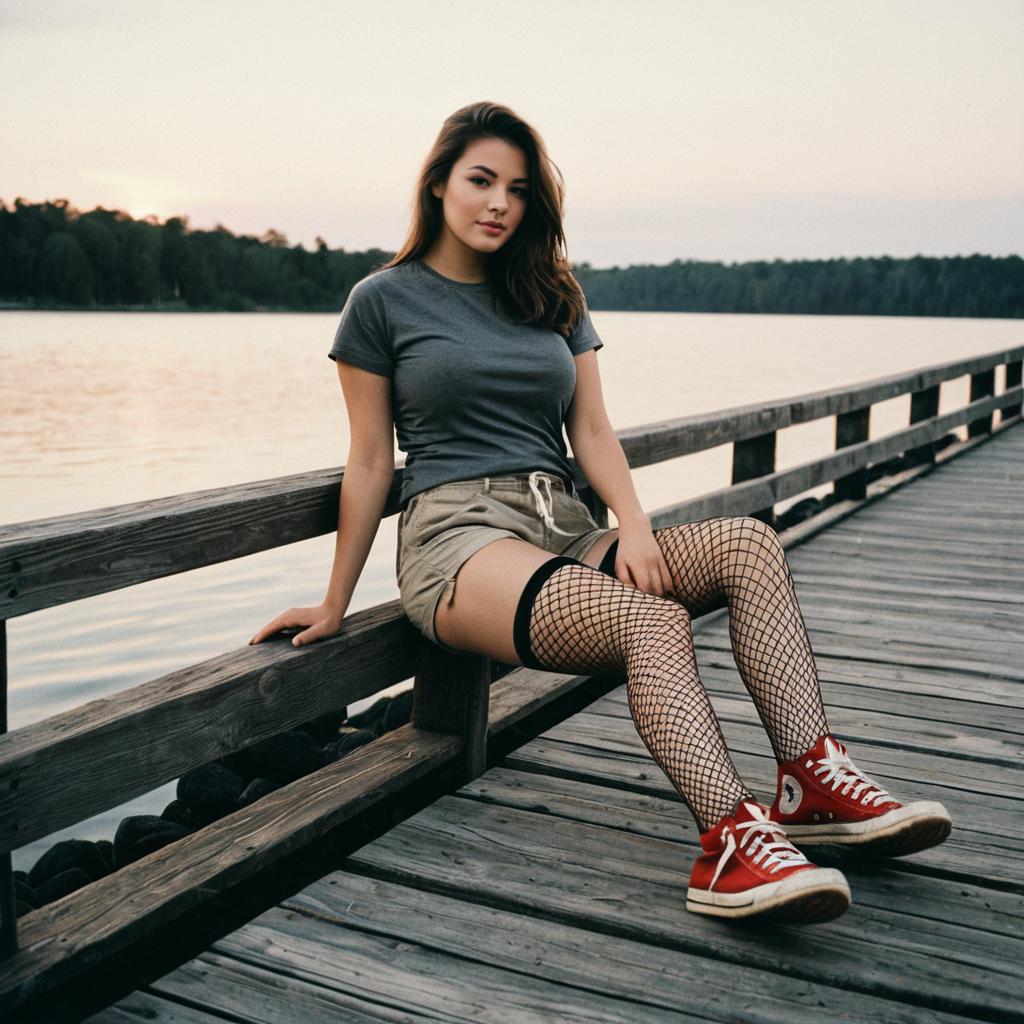 Young Woman Sitting on Wooden Pier by Lake at Sunset in Casual Edgy Outfit