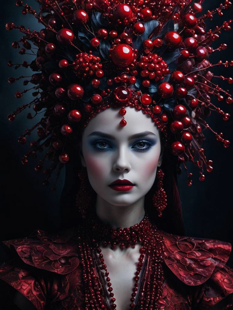 Regal Woman in Dark Red Headdress and Jewelry