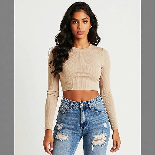 Woman in Beige Cropped Top and Distressed High-Waisted Jeans Fashion Pose