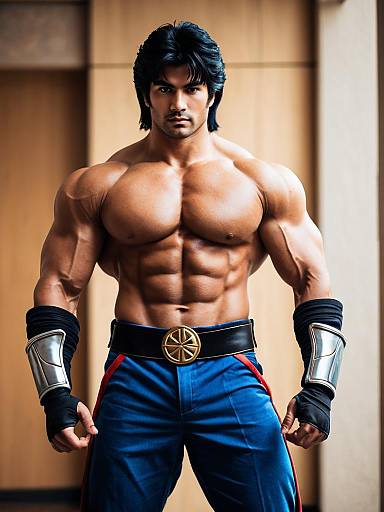 Muscular Man in Blue Pants with Arm Guards Inspirational Fitness Portrait