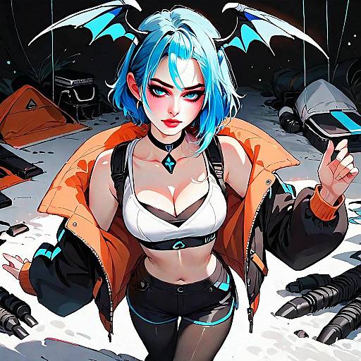 Anime Woman with Blue Hair and Bat Wings in Futuristic Setting