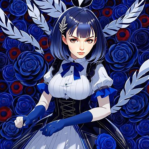 Anime Girl in Elegant Outfit with Blue Roses and Feathers